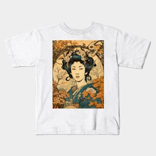 Vintage Rose Blossoms Japanese Woodblock Maple Streetwear Hipster Asian Inspired Retro Manga Samurai Crocus Kids T-Shirt